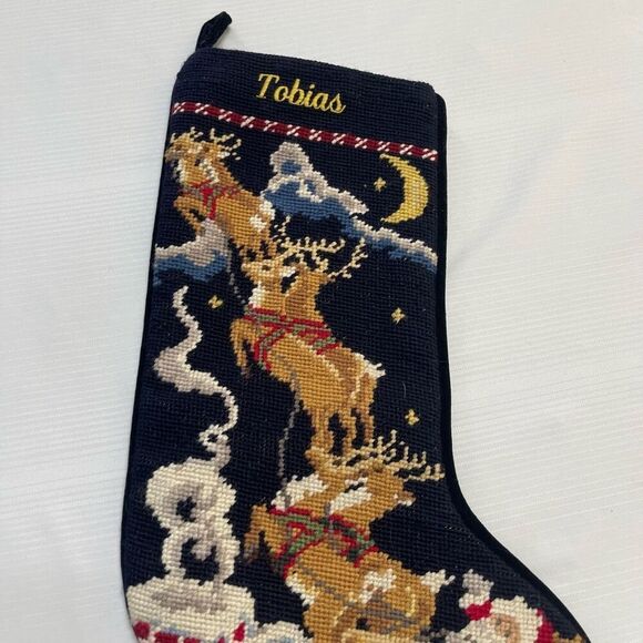 Lands End VTG Reindeer Santa Needlepoint Christmas Stocking Tobias - Picture 2 of 6